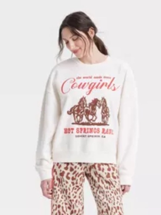 Sweaters - Cowgirls Graphic Sweatshirt - Cream with Red Print